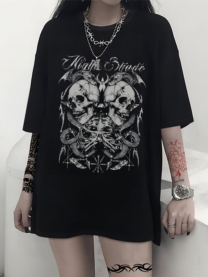Dame T-shirt med kunstnerisk skeletmotiv og unikt tryk Skovae