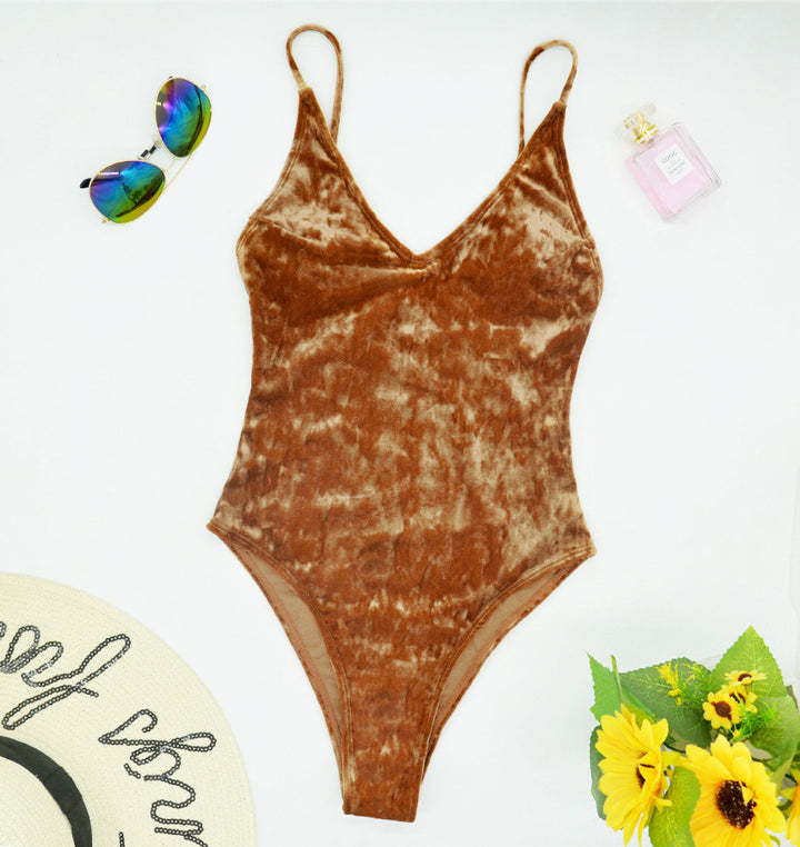 Dame one-piece badedragt med elegant V-udskæring og sensuelt velour Skovae