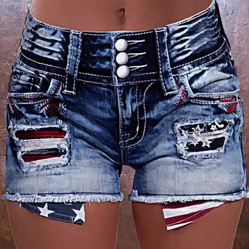 Dame cargo shorts med stilfulde riv detaljer og patriotiske applikationer Skovae