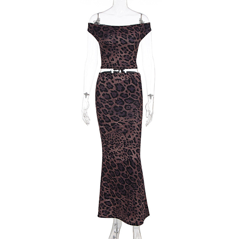 Dame Elegant Maxikjole med skulderfri design og leopardmønster Skovae