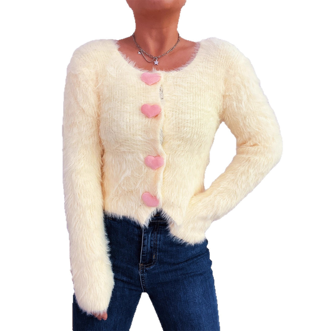 Dame fluffy cardigan med hjerteknapper Stilla