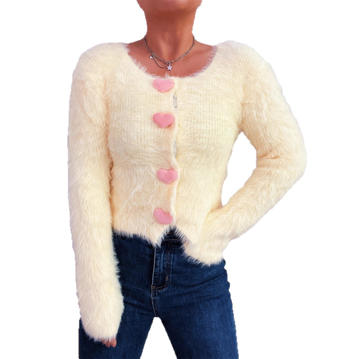 Dame fluffy cardigan med hjerteknapper Stilla