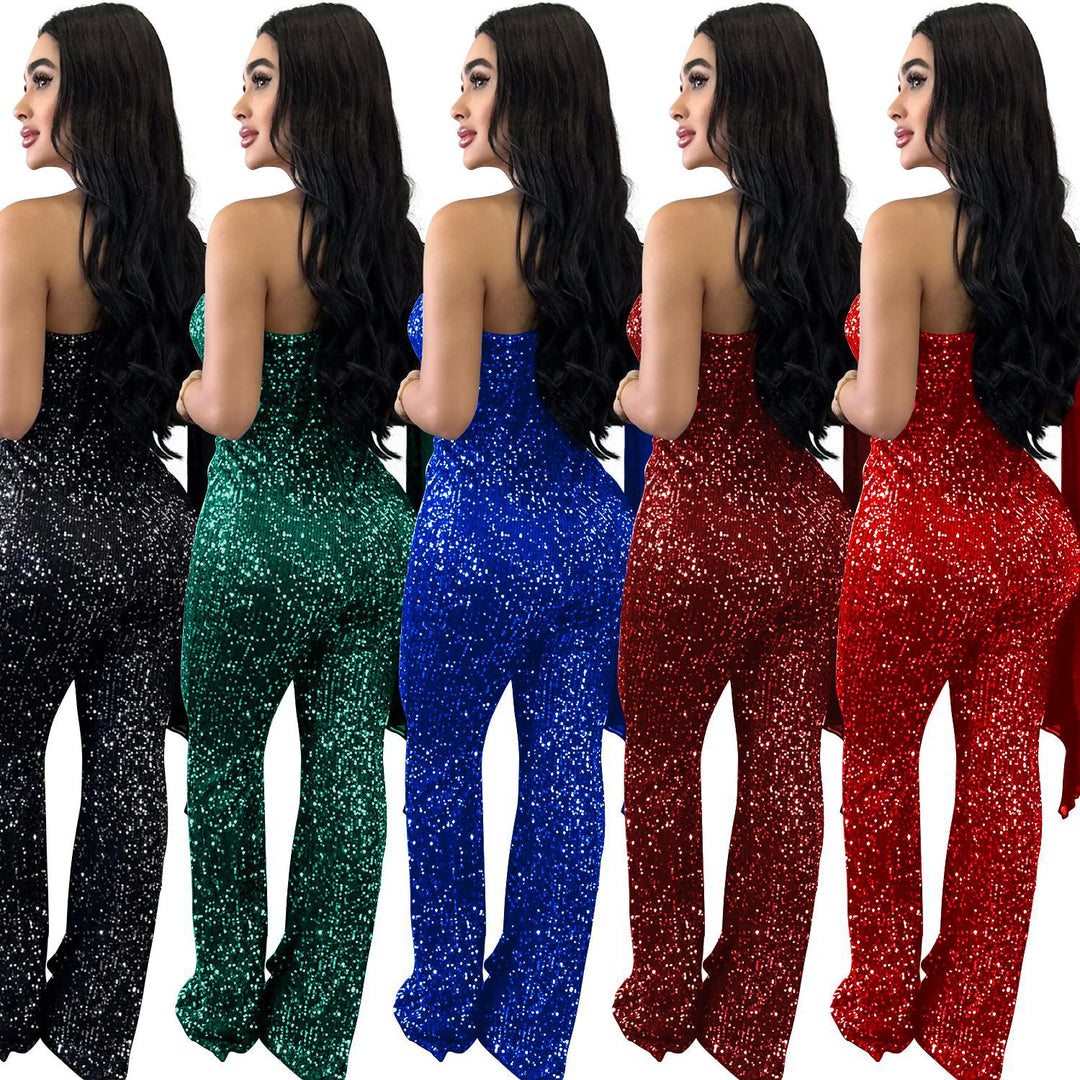 Dame Elegant Paillet-Jumpsuit med asymmetrisk udskæring og figursyet pasform Stilla