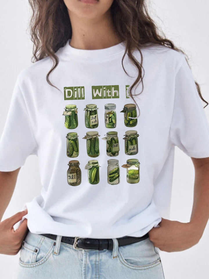 Dame T-shirt med kreativ grafisk tryk og luksuriøse paillet accenter Skovae