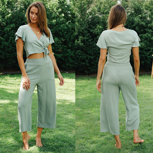 Dame afslappet sæt bestående af cropped top med bindebånd og løstsiddende bukser Stilla