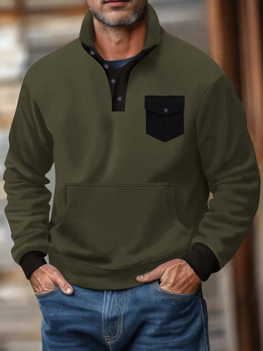 Herrer sweatshirt med moderne ståkrave og påsyet lomme Stilla