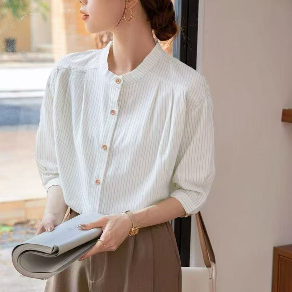 Damer Elegant Stribet Bluse med Traditionel Ståkrave Stilla