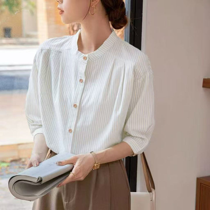 Damer Elegant Stribet Bluse med Traditionel Ståkrave Stilla