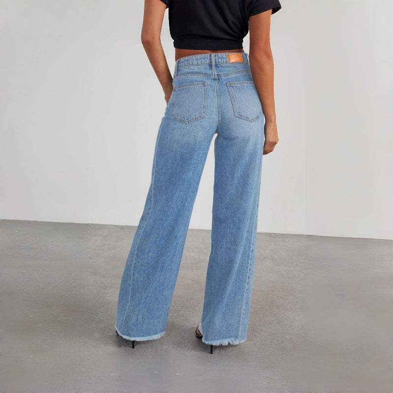 Dame Bredde Denim-Bukser med rå kant og praktiske lommer Skovae
