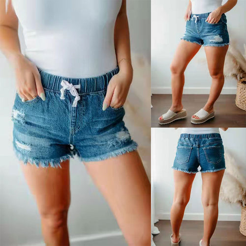 Femme Distressed Højthavede Denim Shorts med justerbart taljebånd Stilla