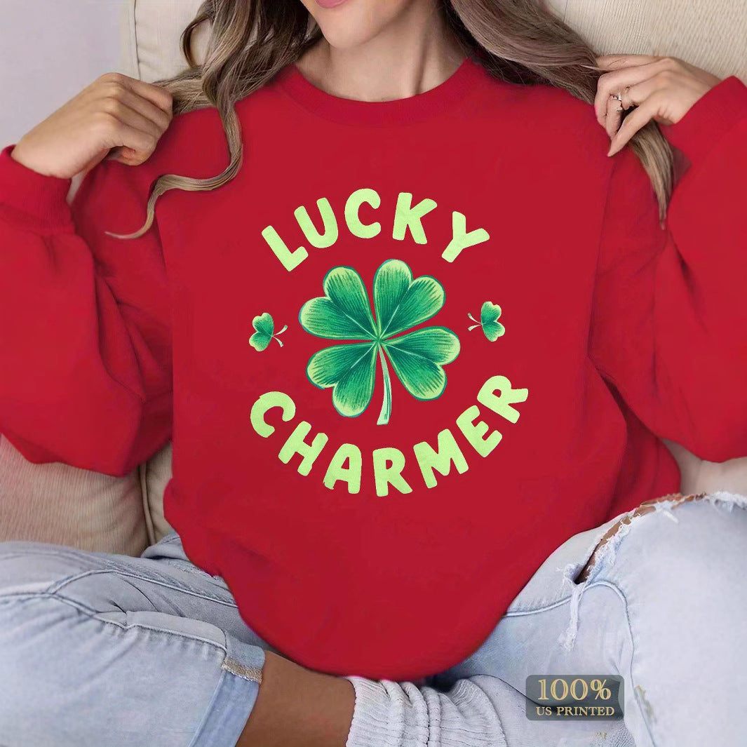 Kvinders sweatshirt med trendy kløverdesign og inspirerende tekst Stilla
