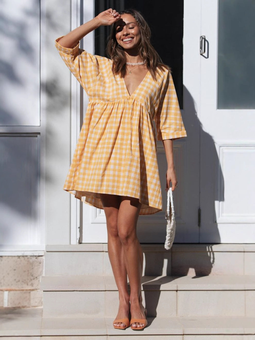 Damer V-hals udskåret mini-kjole med Gingham-design Stilla