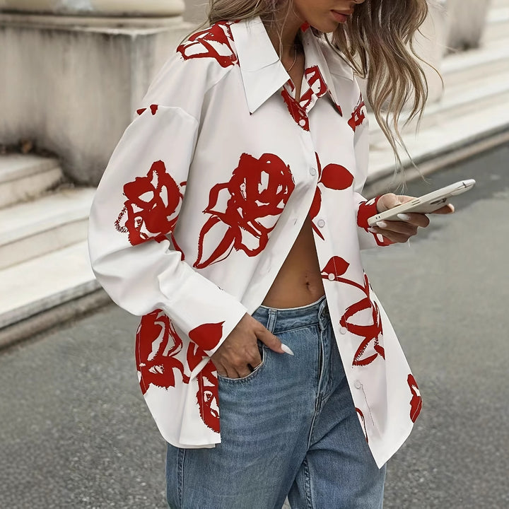 Femme Oversized Floral Print Button-Up Skjorte Stilla