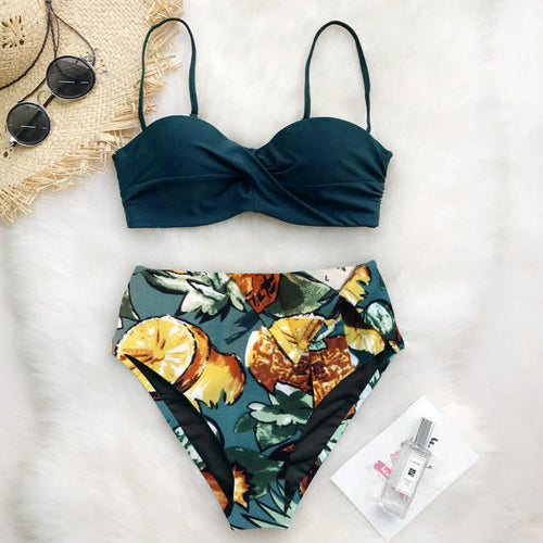 Dame Højtaljet Bikini-Sæt med Rynker og Blomsterdesign Skovae
