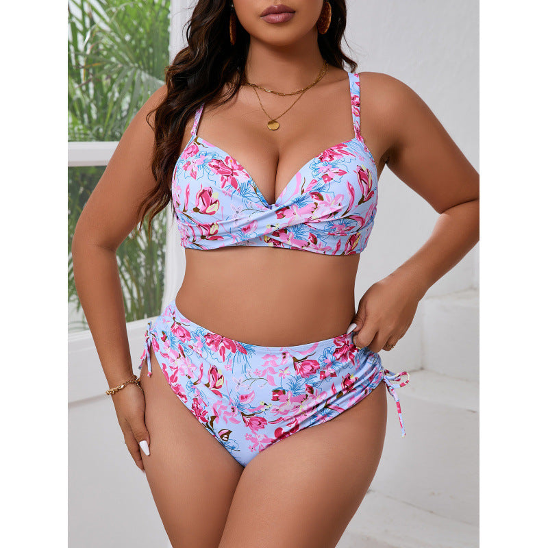 Dame bikini-sæt med blomsterwrap-top og højskåret trusse Skovae