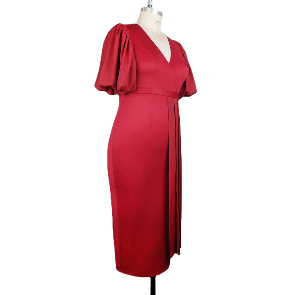 Dame Elegant, figursyet Midi-kjole med plisserede detaljer Skovae
