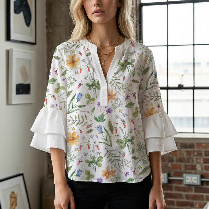Dame bluse skjorte med voluminøse ærmer og blomstermønster Skovae