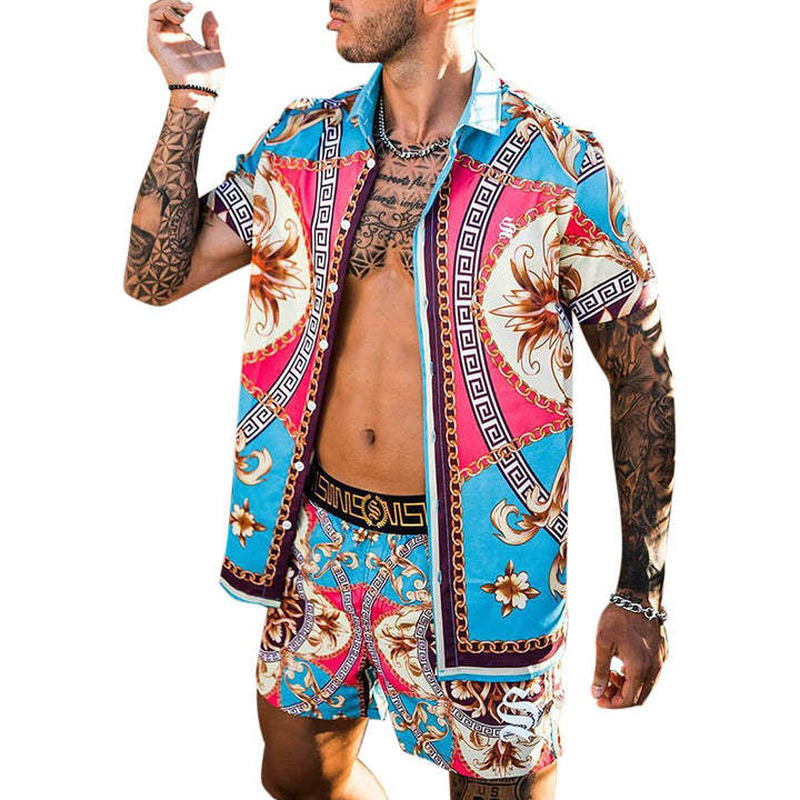 Mænd Livligt Tropemønster Korte Ærmer Shirt og Matching Badebukser Sæt Stilla
