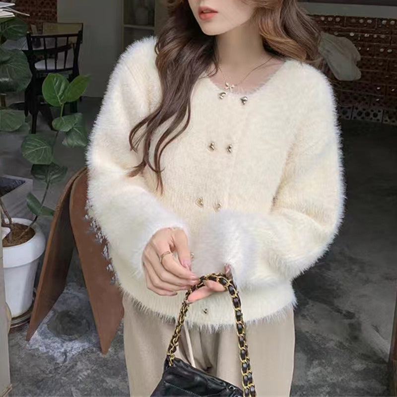 Femme Fluffy Textureret Knaplukning Pullover Stilla