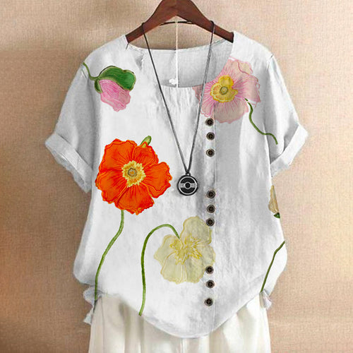 Dame kortærmet bluse med floral motiv og knapdetalje Stilla