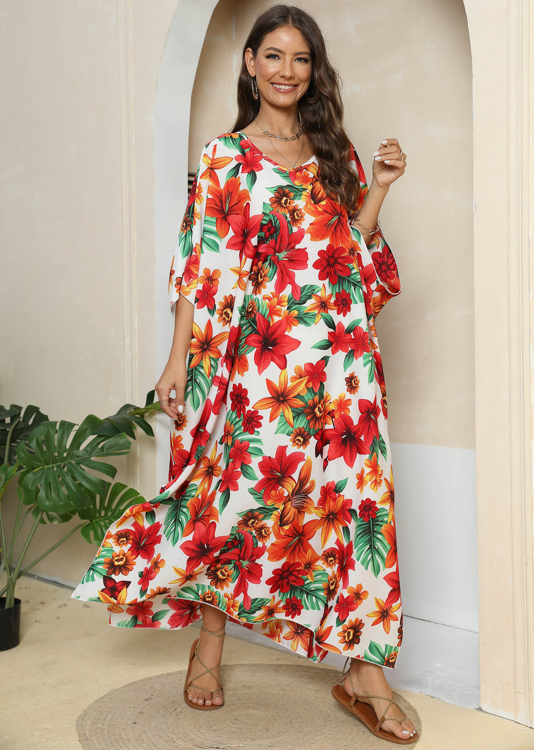 Dame Floral Print Maxi Kaftan Kjole Stilla