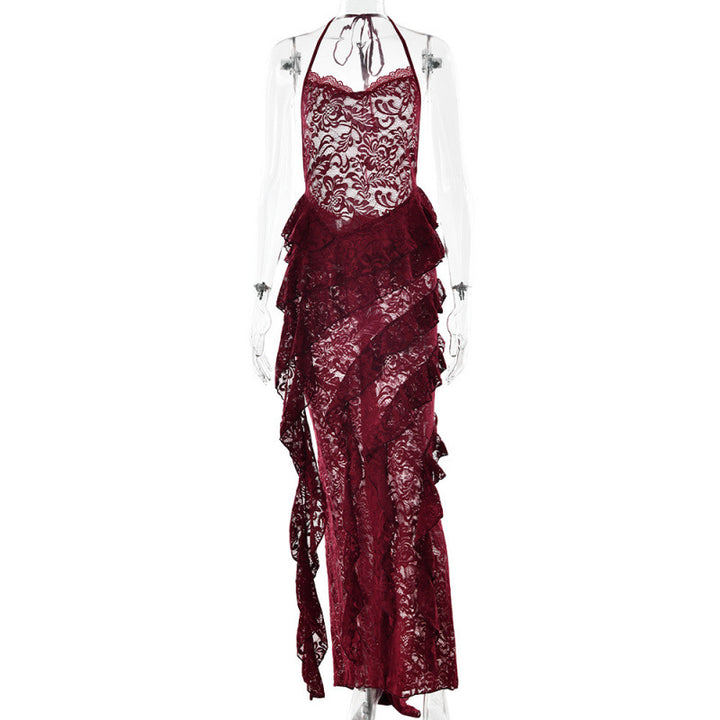 Damen verführerisches Spitzenkleid mit asymmetrischem Saum und Rüschendetails Skovae