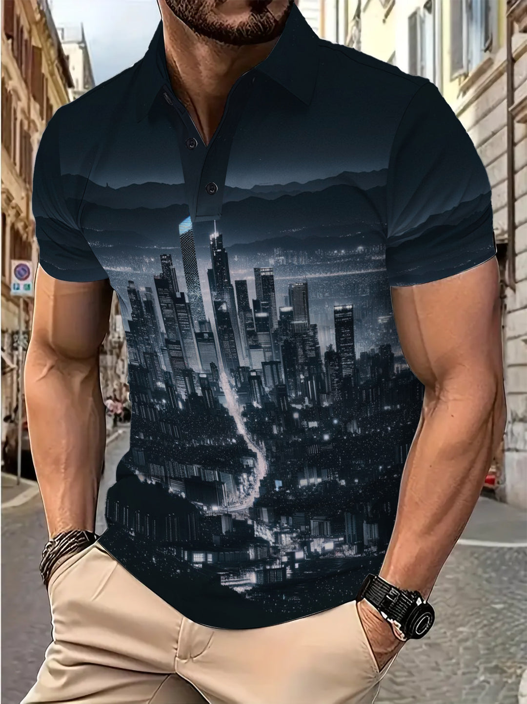 Herrer polo skorte med urban skyline print og åndbare egenskaber Stilla