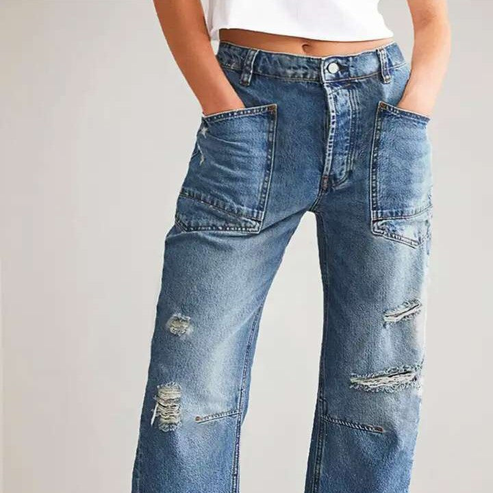 Dame brede jeans med kreative lommer og slidte detaljer Skovae