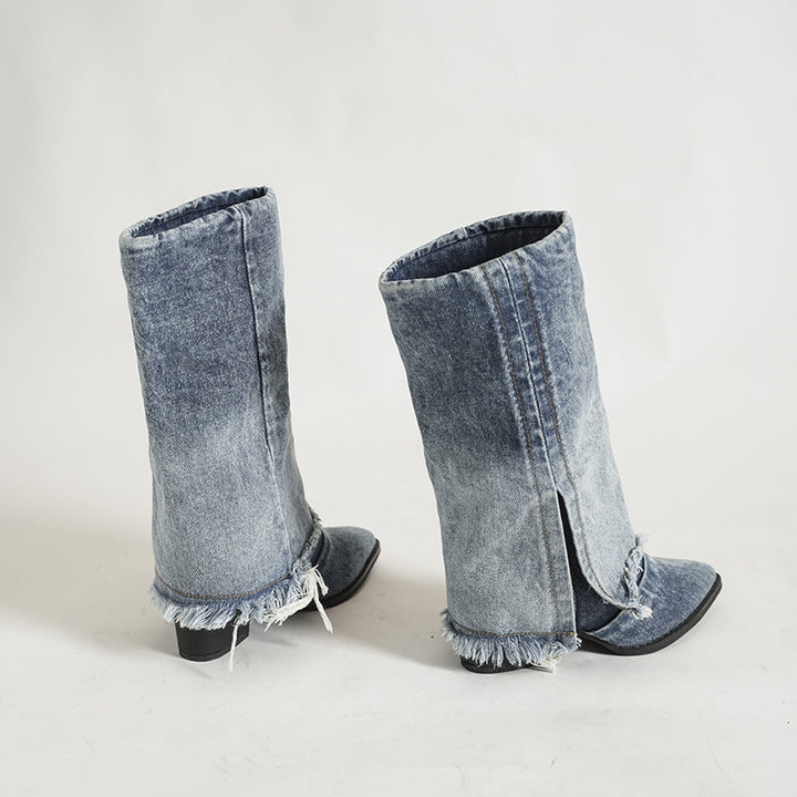 Dame mode jeansstøvler med frynset design og elegant blokhæl Stilla