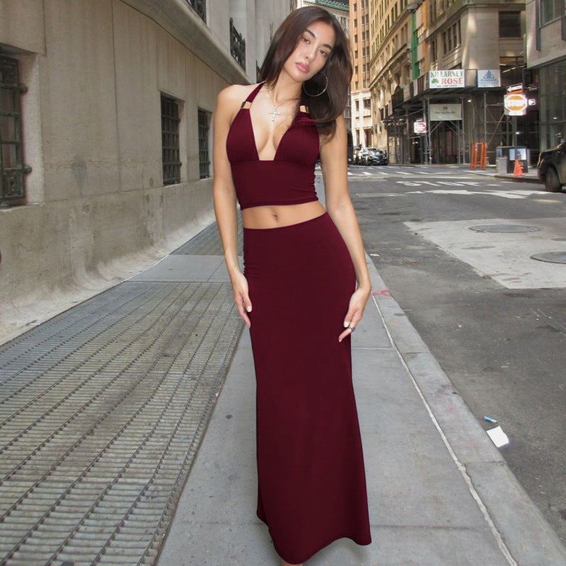Dame elegant to-delt sæt med raffineret crop-top og højtaljet maxi-nederdel Stilla
