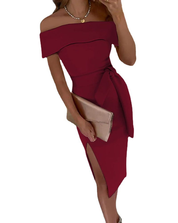 Dame Off-Shoulder Elegant Midi Kjole med sidelæg Stilla