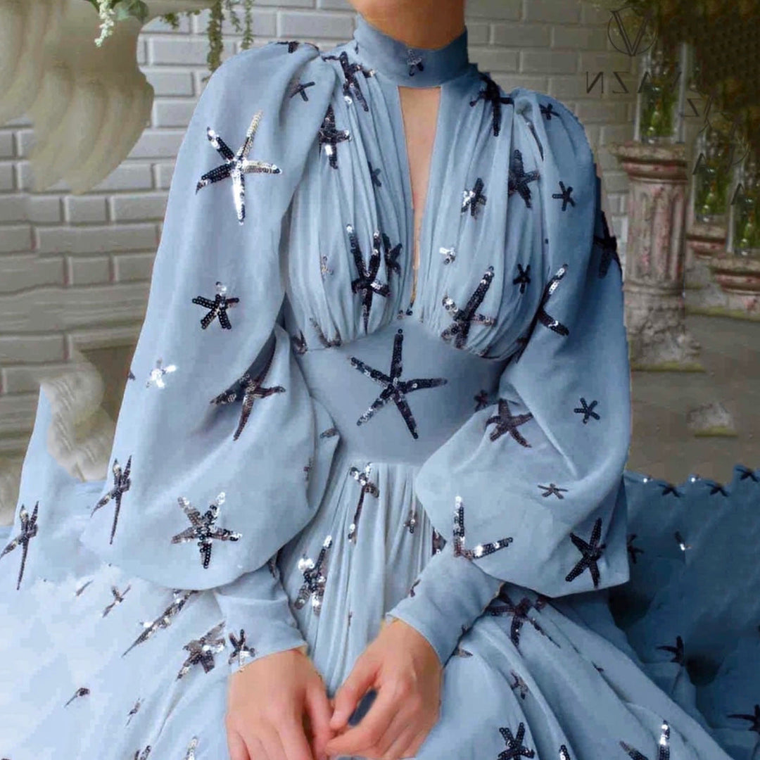 Stilla | Elegant Lantern Ærme Big Hem Chiffon Aftenkjole