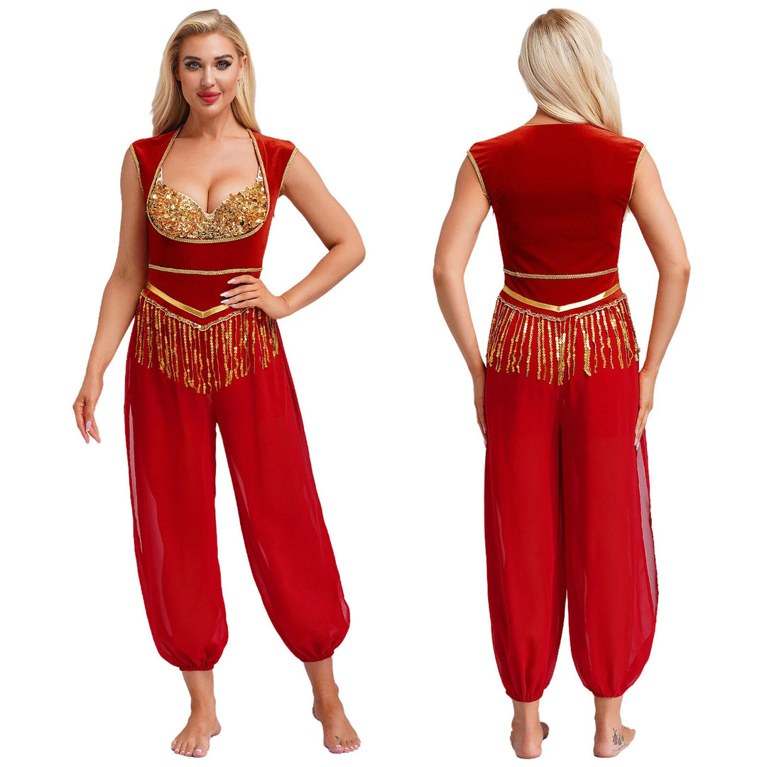 Dame kostume-jumpsuit med glitrende overdel og afslappet bukser Skovae