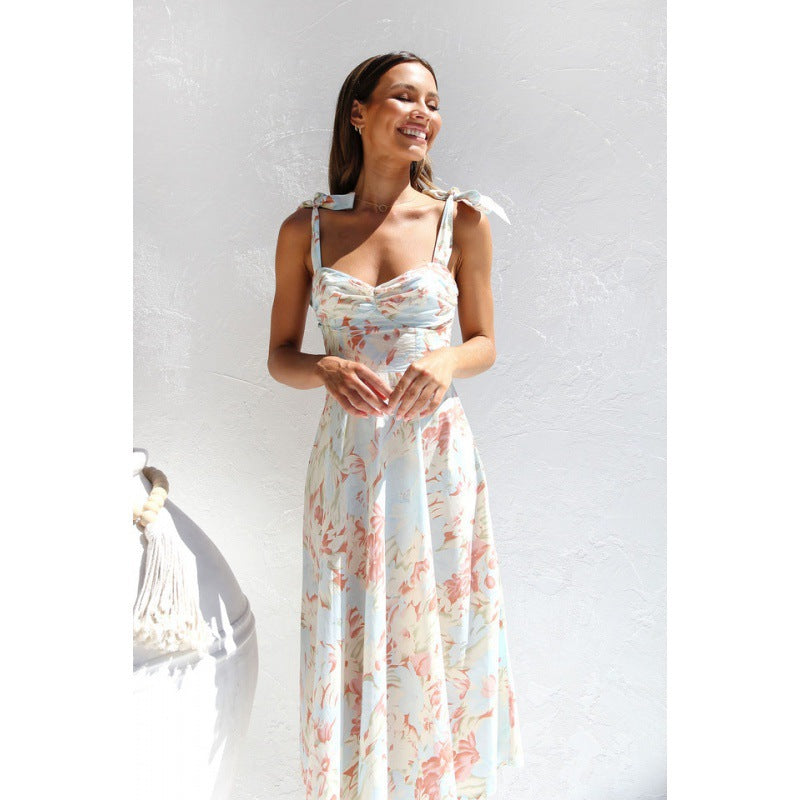 Dame Elegant Floral Midi Kjole med flatterende Bindebånd Stilla
