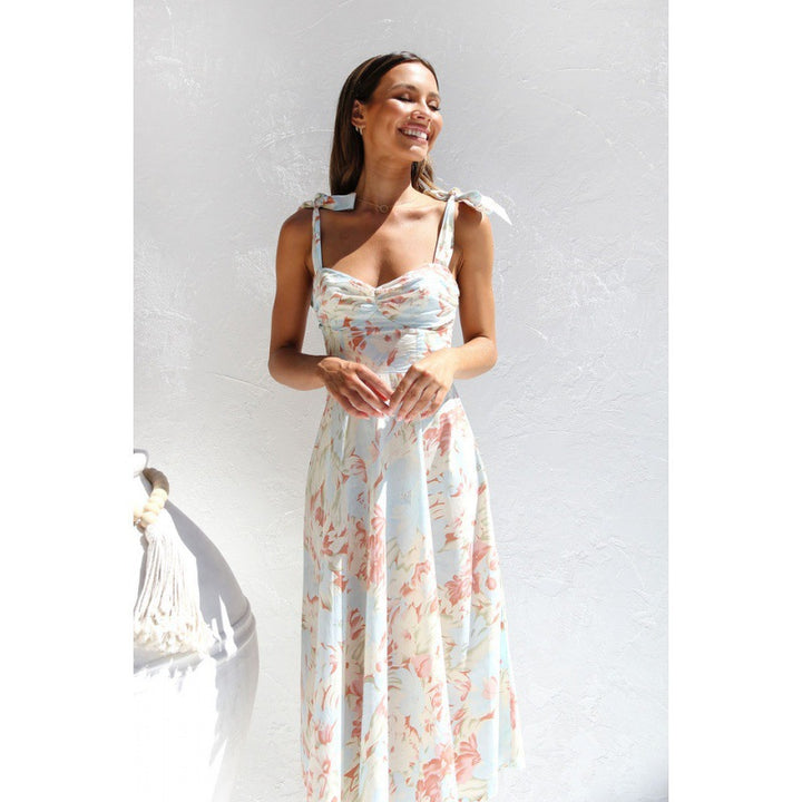 Dame Elegant Floral Midi Kjole med flatterende Bindebånd Stilla