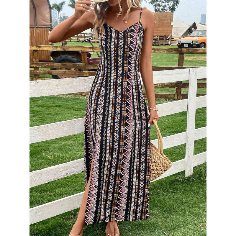 Femme Tribal Print Maxi Kjole med justerbare stropper Stilla
