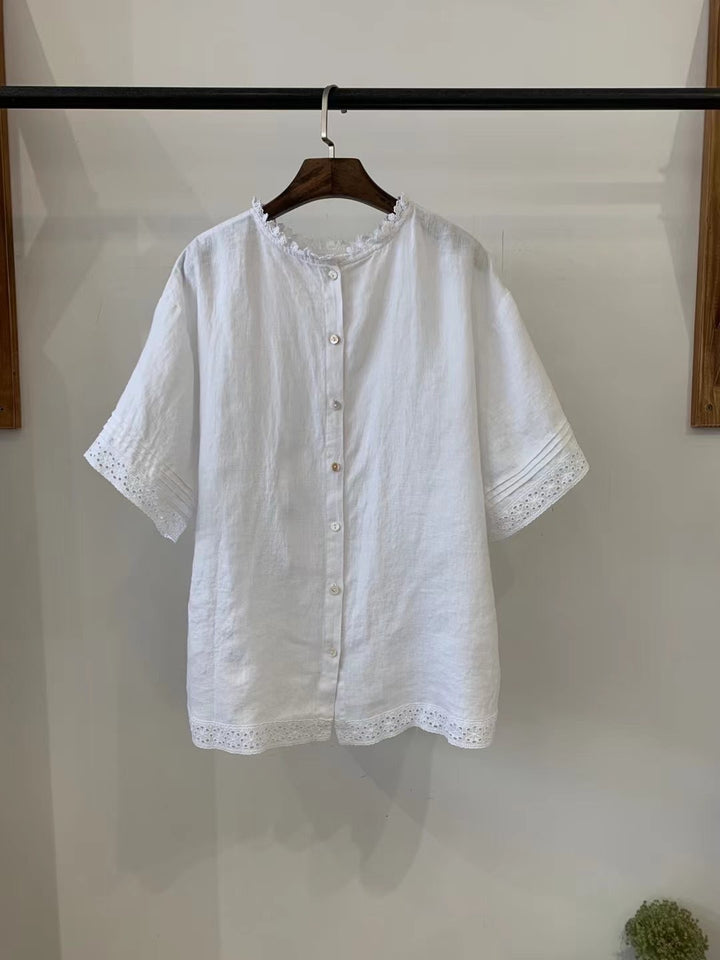 Femme Textured Kortærmet Bluse med Spidsekant Stilla