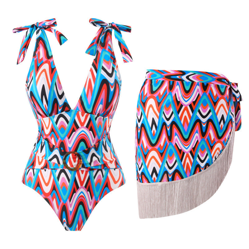 Dame bikini sæt med trendy indviklet nederdel og knyttende top Skovae