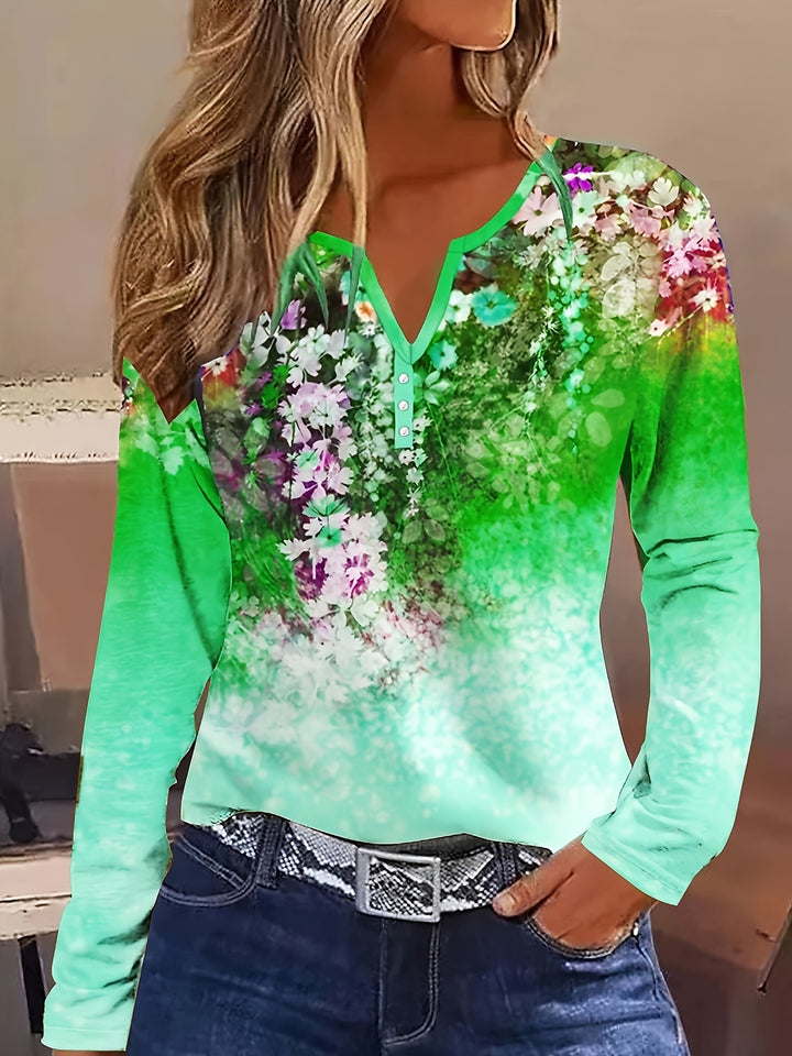 Dame Floral Langærmet T-shirt med Henley-udskæring og farvegradient Stilla