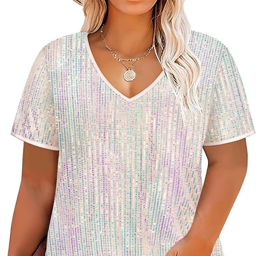 Dame Funklende V-Udskæring T-Shirt med glitrende accenter og løs pasform Stilla
