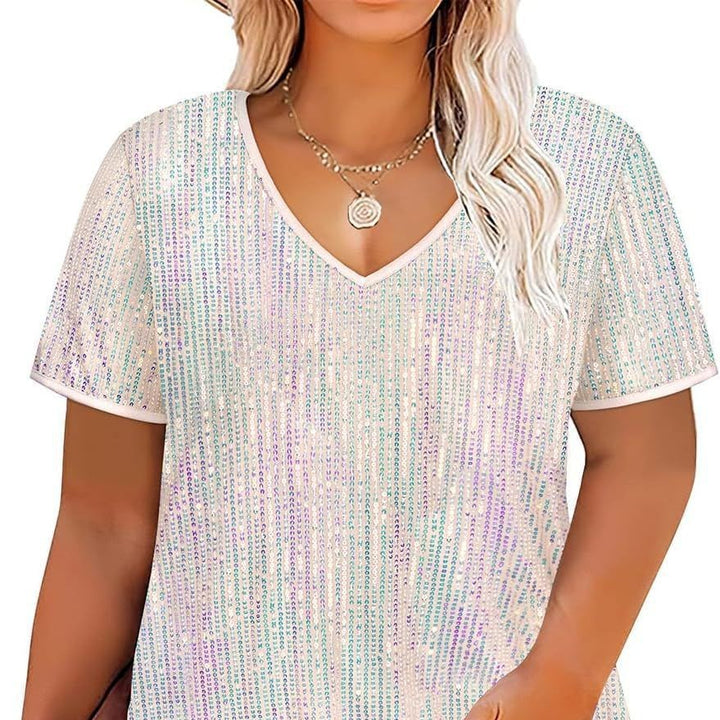 Dame Funklende V-Udskæring T-Shirt med glitrende accenter og løs pasform Stilla