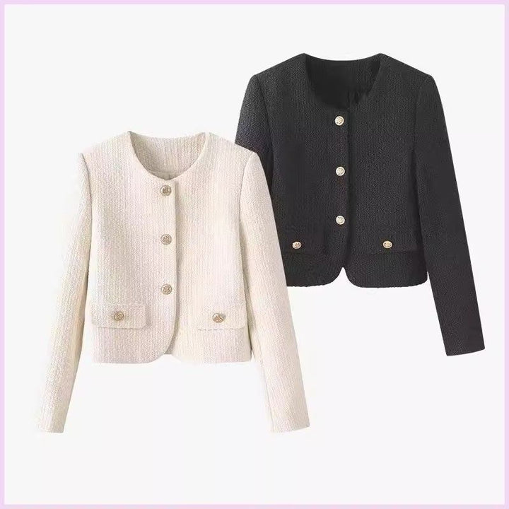 Damer elegant kort jakke i tweed stil med gyldne knapper Stilla