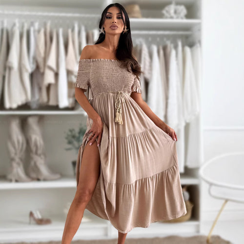 Dame Off-Shoulder Maxikjole med Talje Bælte Stilla