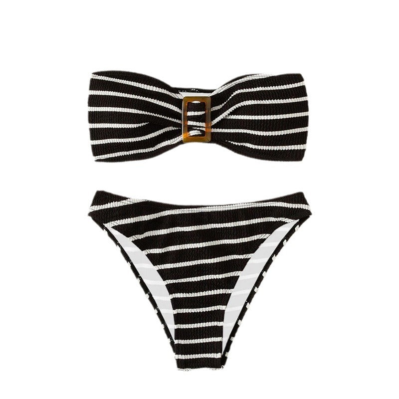 Dame Stribet Bandeau Bikini-Sæt med Dekorativ Spænde Stilla