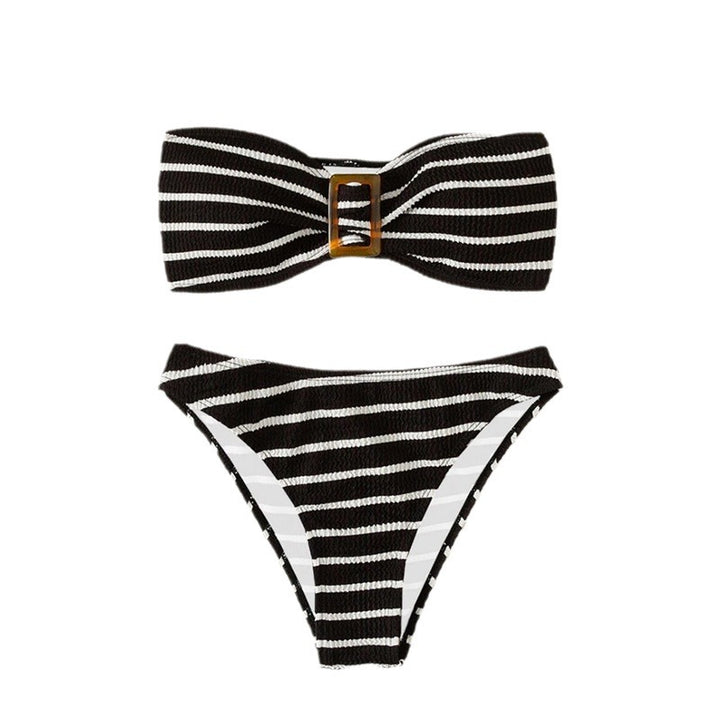 Dame Stribet Bandeau Bikini-Sæt med Dekorativ Spænde Stilla