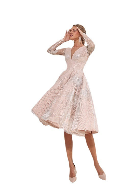 Damer Elegant aften kjole med glitrende Lurex-applikationer og lange ærmer Stilla