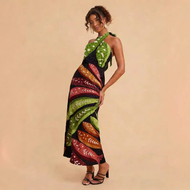 Dame Halterneck Maxi Kjole med Farverig Bladdesign og Flared Snit