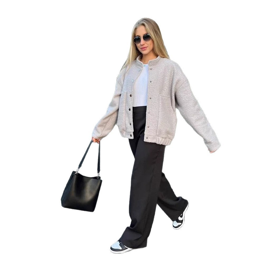 Dame Oversized Fleecejakke med trykknapper og praktiske lommer Stilla