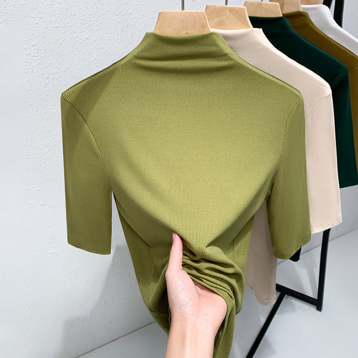 Dame Kortærmet Turtleneck Top i strækbart materiale med figursyet snit Stilla
