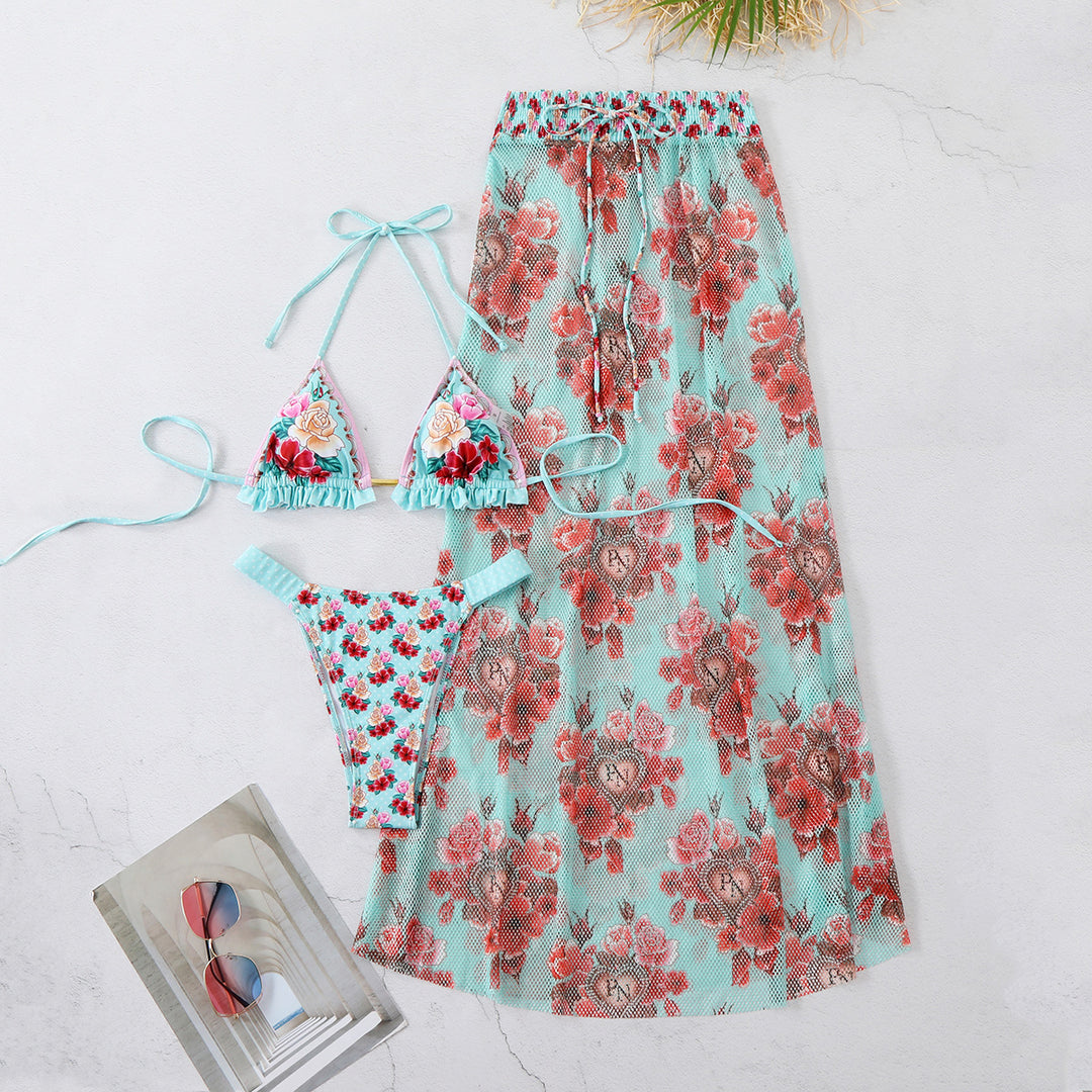 Dame Bikini-sæt med glad blomsterprint og fin overkjole Stilla